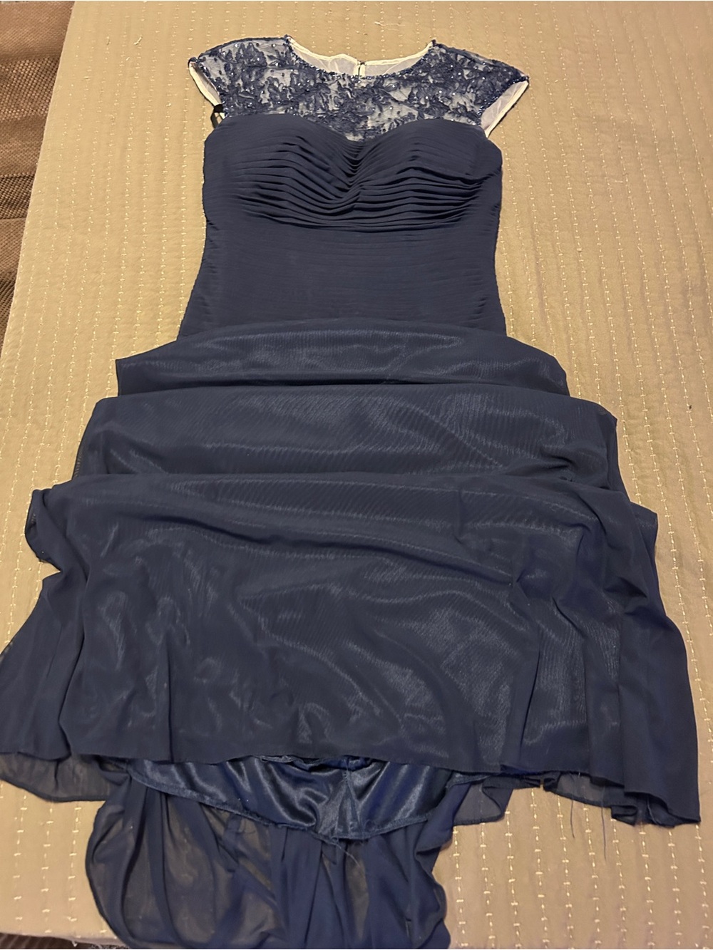 Montage by Mon Cheri Navy Lace Yoke High-Low Evening Dress